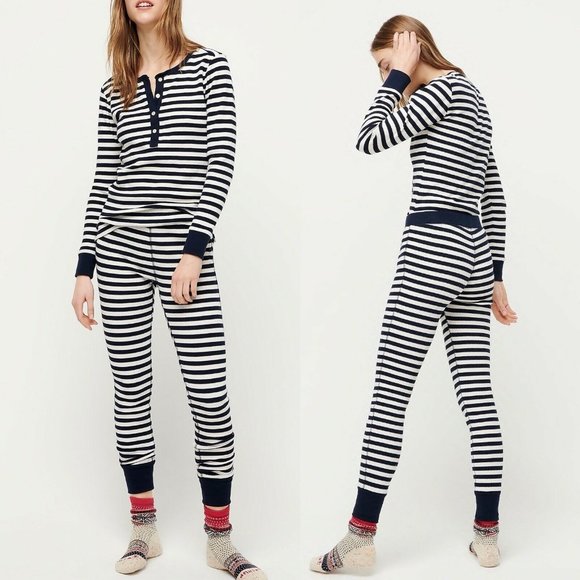 NEW J Crew Womens Henley Waffle Stripe Pajamas  XL Navy NWT $98 - Picture 2 of 5